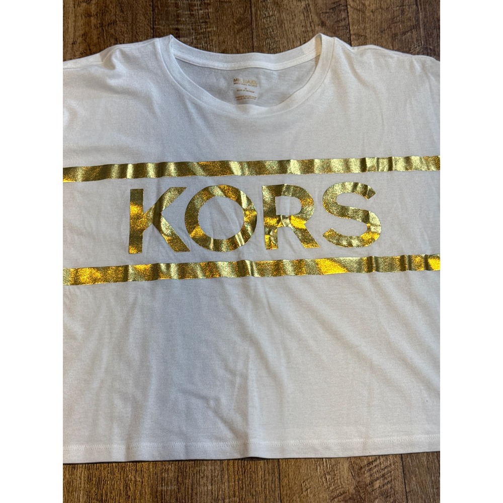 Michael Kors Womens White Gold Foil Logo Crop Top Tee Shirt Medium beach golden - Picture 3 of 6